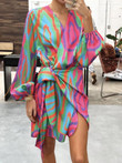 Fashion Print V-Neck Balloon Sleeve Slit Dress