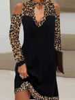 Leopard Print Hanging Neck Off-The-Shoulder Long Sleeve Dress