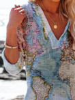 Map Printed V-Neck Casual Long Sleeve Blouses