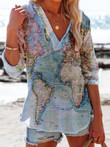 Map Printed V-Neck Casual Long Sleeve Blouses