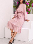 Mesh Round Neck Long Puff Sleeve Solid Color Dress