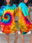 Oversied Crew Neck Mix Color Dye Pocket Casual Dress