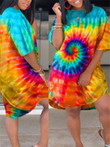 Oversied Crew Neck Mix Color Dye Pocket Casual Dress