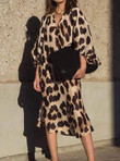 Loose V-Neck Lantern Sleeve Leopard Print Dress
