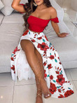 Off Shoulder Ruffles Top & Floral Print High Slit Skirt Set