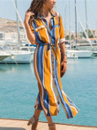 Long-sleeved Striped Lace-up Chiffon Shirt Dress