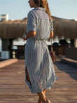 Long-sleeved Striped Lace-up Chiffon Shirt Dress