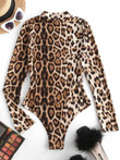 Mock Neck Leopard Snap Crotch Long Sleeve Bodysuit