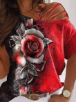 Loose Slant Collar Rose Print Off-Shoulder T-Shirt