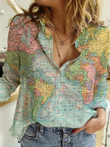 Map Print Blouse Button Up Casual Shirt