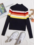 Mock Neck Colorful Striped Ribbed Knit Sweater