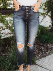 Ripped Buttons Slim Mid-Rise Jeans
