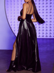 V-Neck Strap High Slit Leather Dress