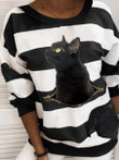 Cat Stripe Print Round Neck Long Sleeve Hoodie