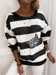 Cat Stripe Print Round Neck Long Sleeve Hoodie