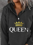 Buttons Letter Crown Print Drawstring Hoody