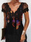 V-Neck Printed Feather Lace Short Sleeve Dress