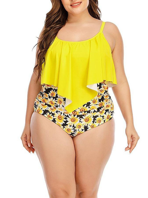 Plus Size Sunflower Printed Swimsuit High Waist Two-piece Swimsuit