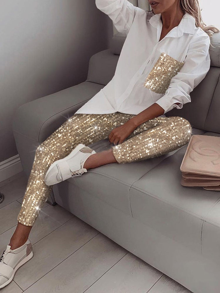 Glitter Sequin Long Sleeve Shirt & Pants Two-Piece Set