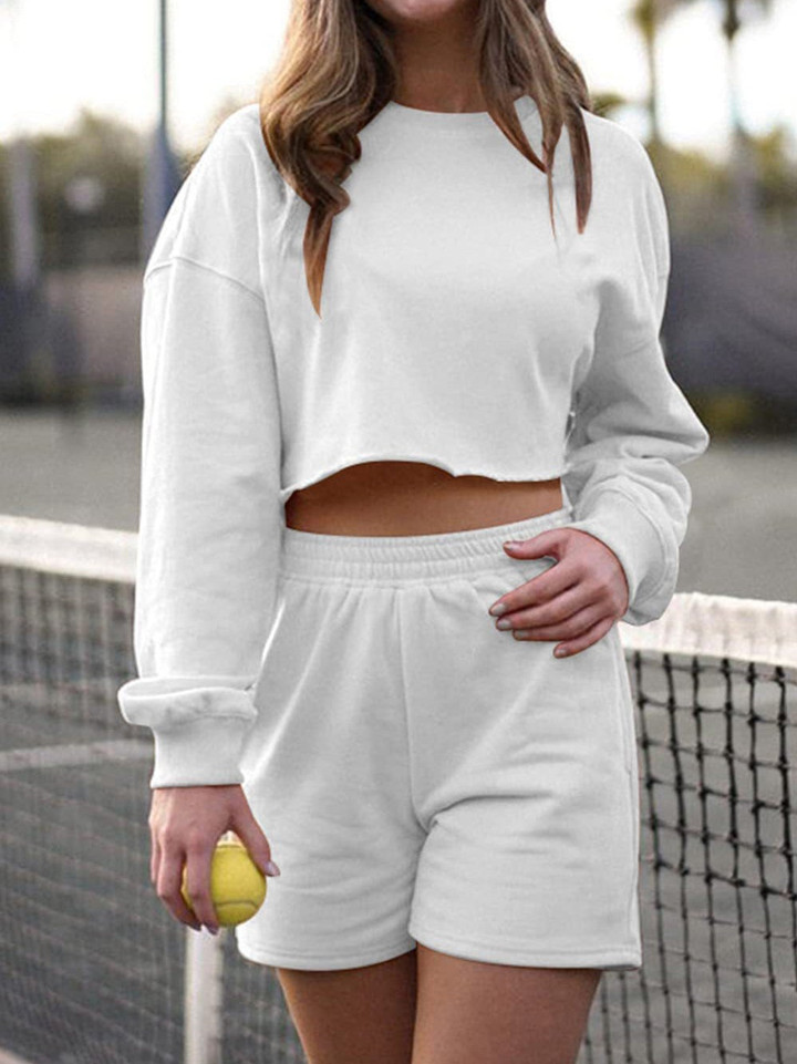 Solid Cropped Navel Long Sleeve Shorts Sports Two-Piece Set