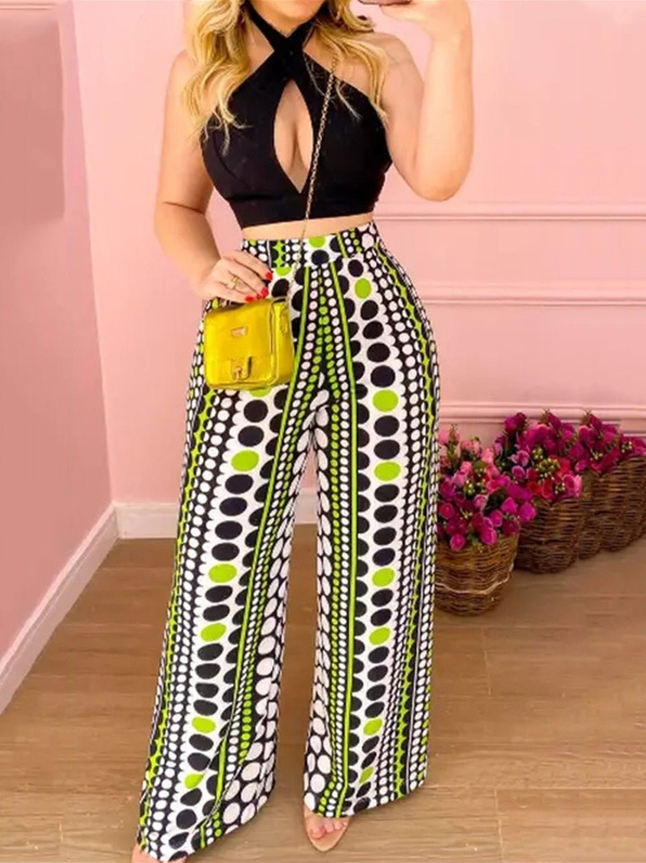 Halter Hollow Cropped Top & Printed Wide Leg Pants Two Piece Set