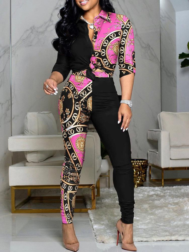 Colorblock Printed Long Sleeve Shirt & Pants Two-Piece Suit