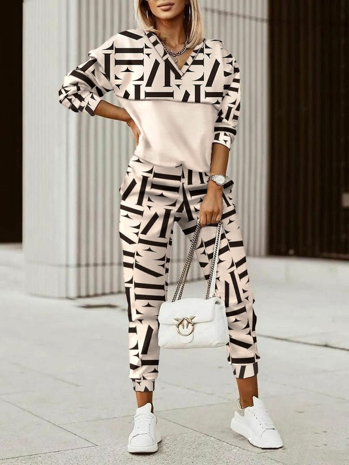 Printed V-Neck Long Sleeve Trousers Casual Two-Piece Set