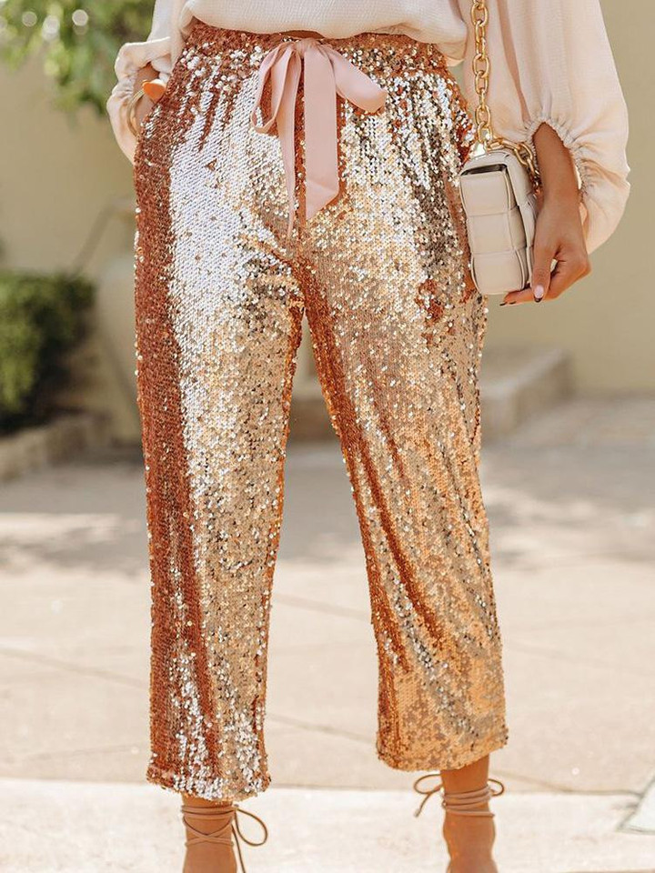 Sequin Belted Pocket Casual Pants
