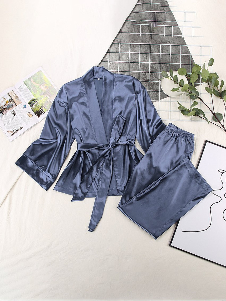 Long Sleeve Cardigan Lace Nightgown Loose Pants Pajama Set