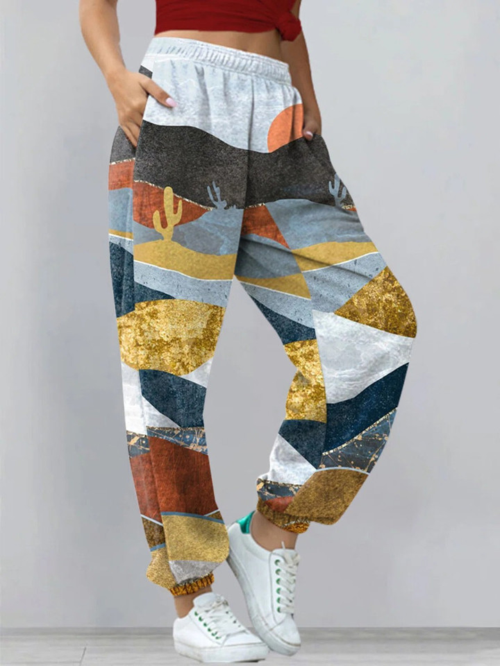 Landscape Print Pocket Elastic Slacks Trousers