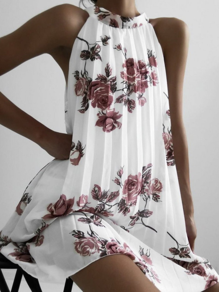 Folded Sleeveless Halterneck Print Dress