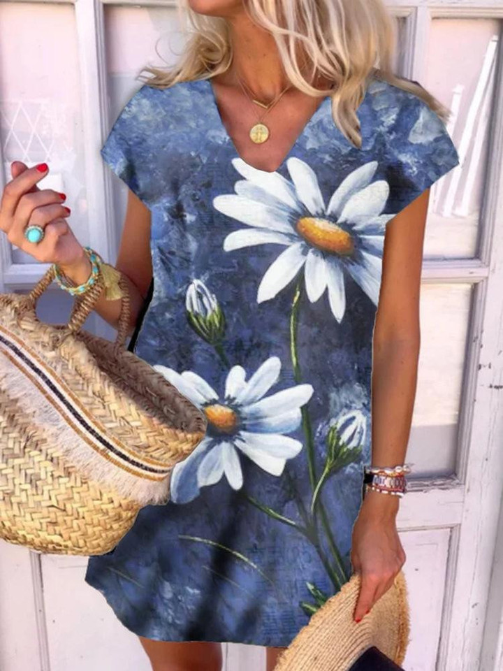 Flower Print V-neck Short Sleeve Dress