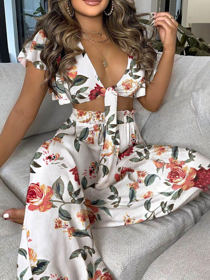 Floral Print Ruffles Knotted Front Top & High Waisted Pants Set