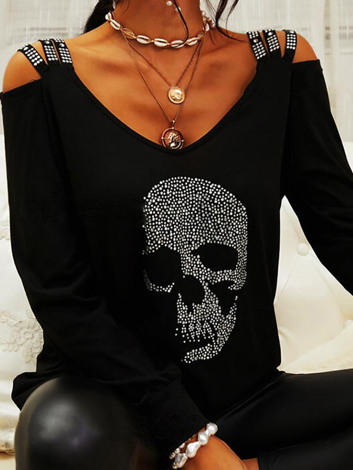 Skull V-Neck Off Shoulder Long Sleeve T-Shirt