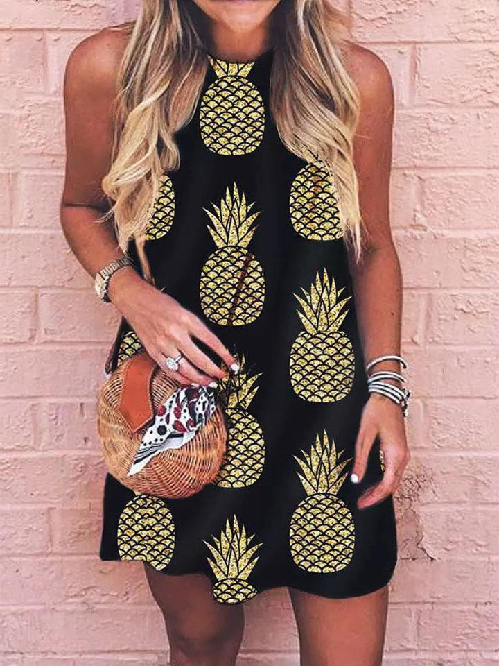 Round Neck Pineapple Print Suspender Dress