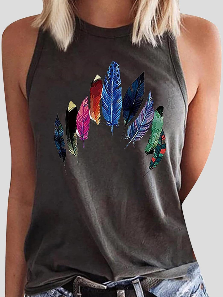 Round Neck Colored Feather Printed Sleeveless Womens Vest