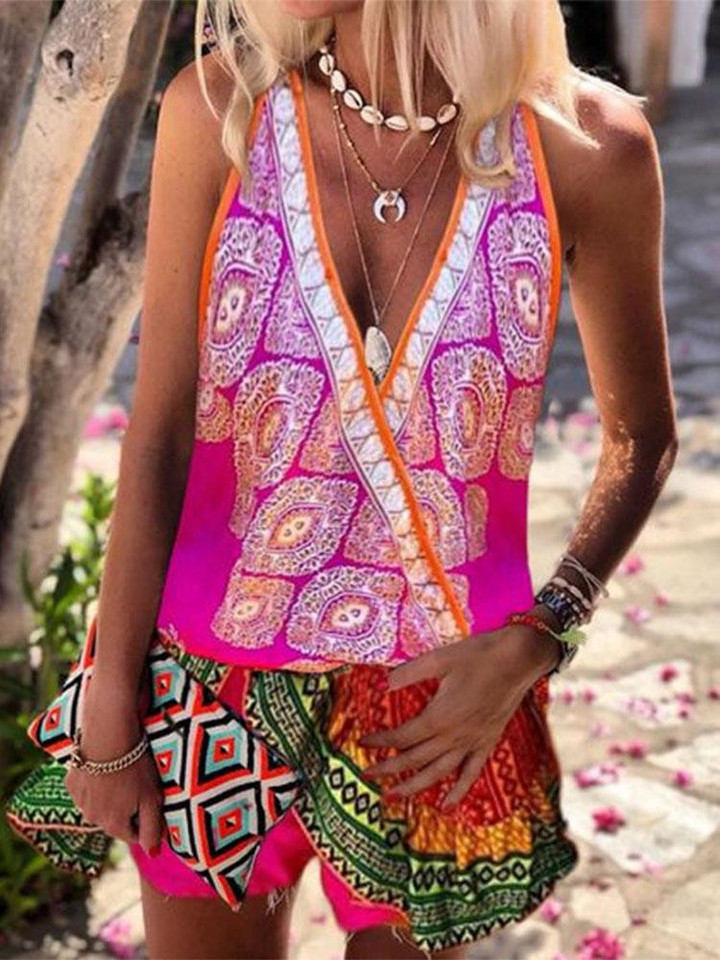 Printed Deep V-Neck Sleeveless Casual Jumpsuit