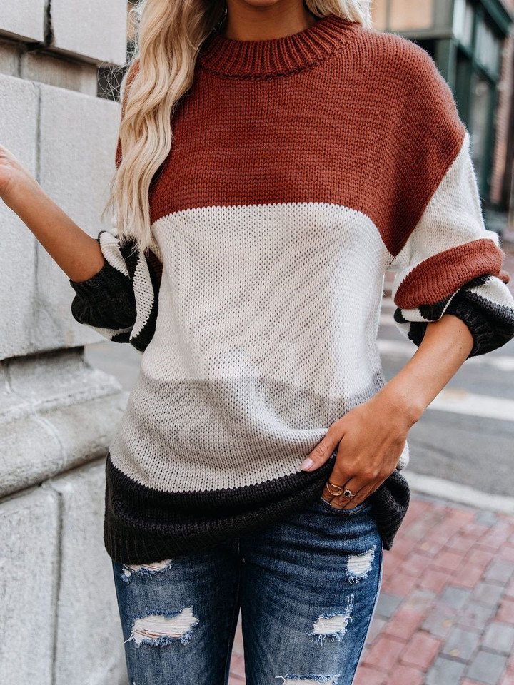 Loose OL Round Neck Striped Long Sleeve Sweater