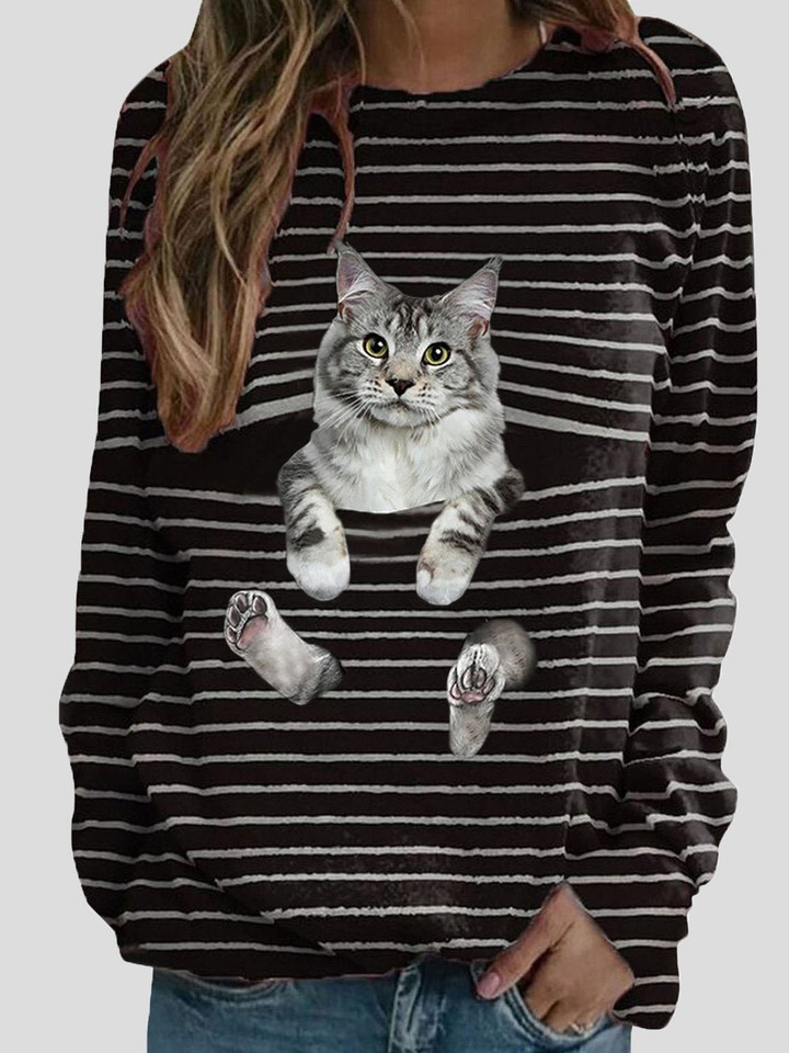 Cat Striped Print Long Sleeve T-Shirt