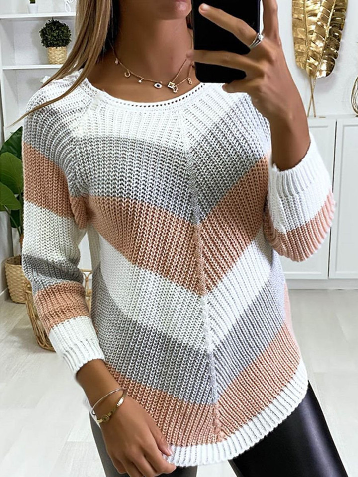 Round Neck Color Blocking Irregular Long Sleeve Sweater