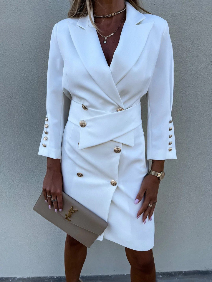 Suit Collar Double Breasted Button Long Sleeve Dress