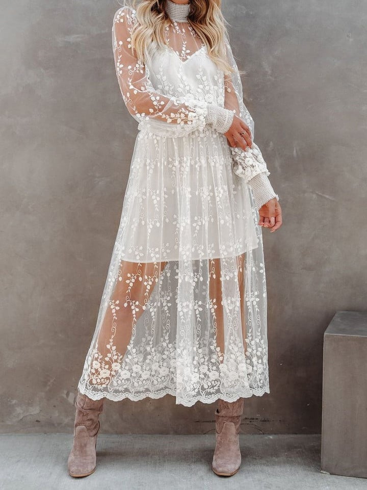 Turtleneck Embroidered Lace Mesh Dress