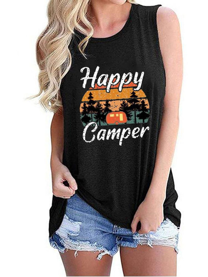 Happy Camper Print Crew Neck Tanks Tops