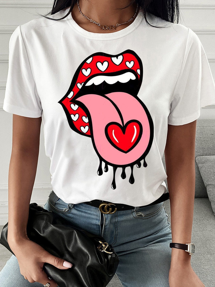 Simple Tongue Print Short Sleeve T-shirt