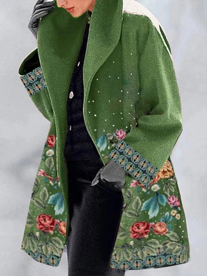 Floral Print Lapel Woolen Coat