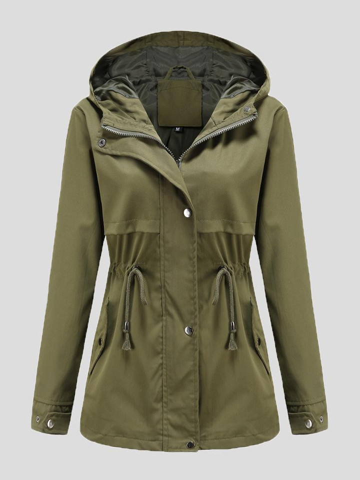 Zip Drawstring Outdoor Rainproof Hooded Coat