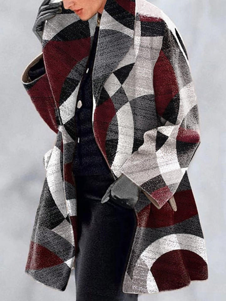Lapel Multicolor Print Woolen Coat