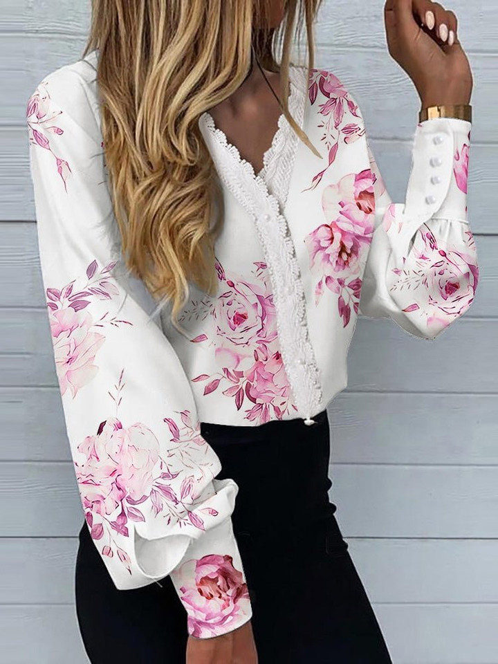 Printed Lace Long Sleeve Blouse