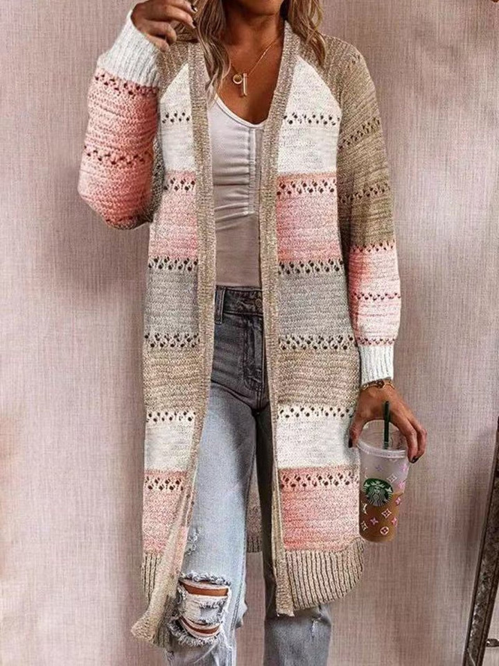 Striped Printed Hollow Long Cardigan Sweater