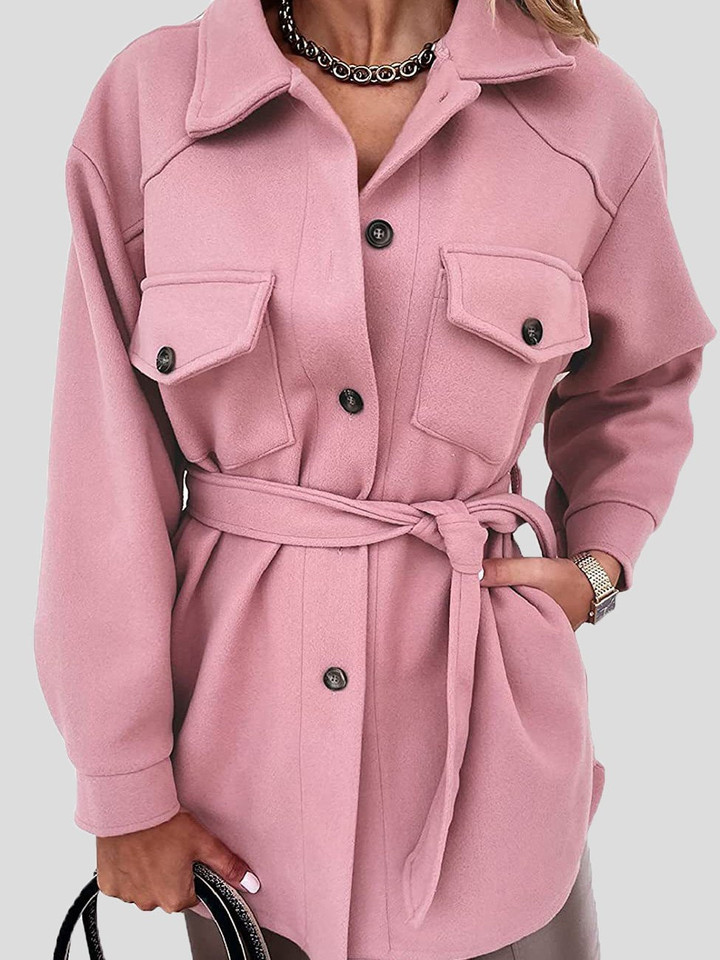 Lapel Tie Button Pocket Woolen Mid-Length Coat